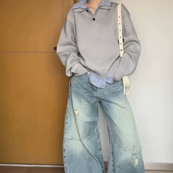 Plus veličine američki retro pleteni džemper s kvadratnim ovratnikom i lažnim dvodijelnim ovratnikom, preppy stil, široka silueta, 3/4 rukav, 3D ukras i šivanje PVC ≤30%