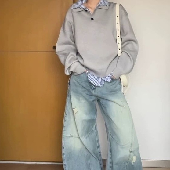 Plus veličine američki retro pleteni džemper s kvadratnim ovratnikom i lažnim dvodijelnim ovratnikom, preppy stil, široka silueta, 3/4 rukav, 3D ukras i šivanje PVC ≤30%