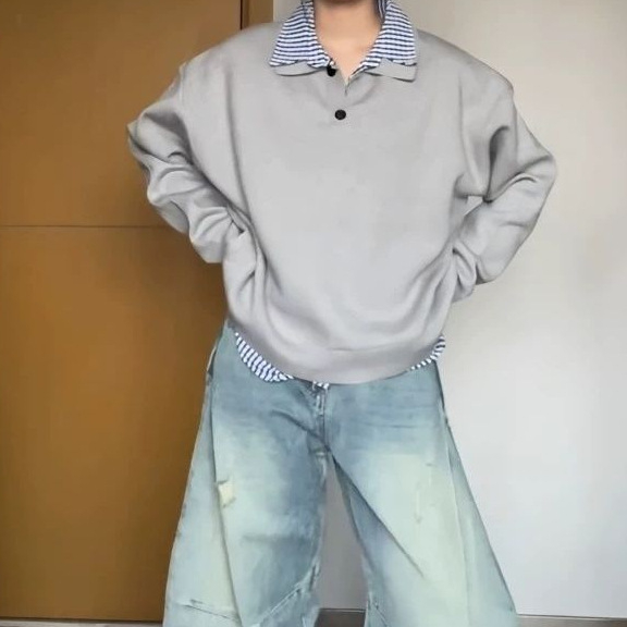 Plus veličine američki retro pleteni džemper s kvadratnim ovratnikom i lažnim dvodijelnim ovratnikom, preppy stil, široka silueta, 3/4 rukav, 3D ukras i šivanje PVC ≤30%