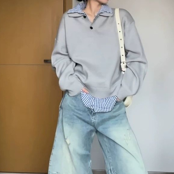 Plus veličine američki retro pleteni džemper s kvadratnim ovratnikom i lažnim dvodijelnim ovratnikom, preppy stil, široka silueta, 3/4 rukav, 3D ukras i šivanje PVC ≤30%