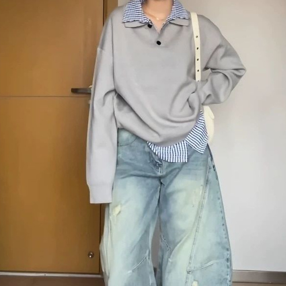 Plus veličine američki retro pleteni džemper s kvadratnim ovratnikom i lažnim dvodijelnim ovratnikom, preppy stil, široka silueta, 3/4 rukav, 3D ukras i šivanje PVC ≤30%