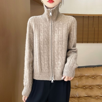 Ženski pleteni kardigan od kašmira i vune, s reverom i dvostrukim zatvaračem, debeli pleteni uzorak, 3/4 rukavi