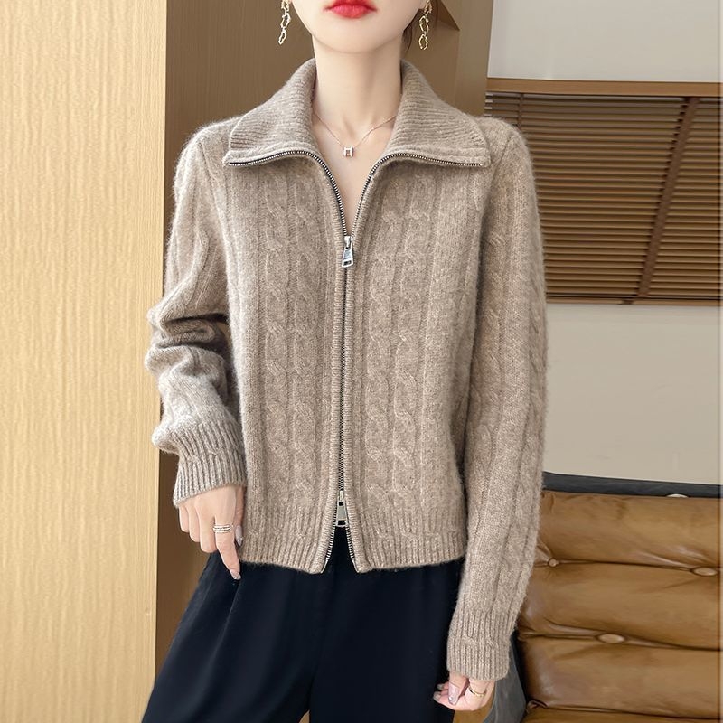 Ženski pleteni kardigan od kašmira i vune, s reverom i dvostrukim zatvaračem, debeli pleteni uzorak, 3/4 rukavi