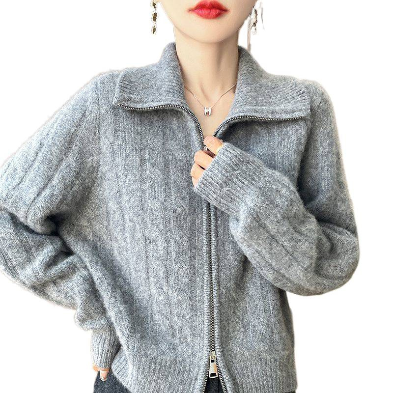 Ženski pleteni kardigan od kašmira i vune, s reverom i dvostrukim zatvaračem, debeli pleteni uzorak, 3/4 rukavi
