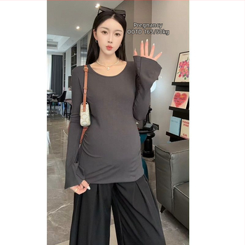 Nėščios dviejų dalių komplektas: polo apykaklė, 3/4 rankovės, medvilnės audinys, literatūrinis retro stilius