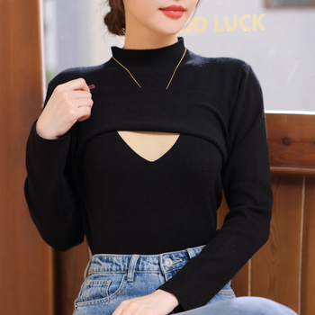 Majica za dojenje s stojećim ovratnikom, dugi rukavi, pleteni materijal, 90% pamuk, otvor za dojenje