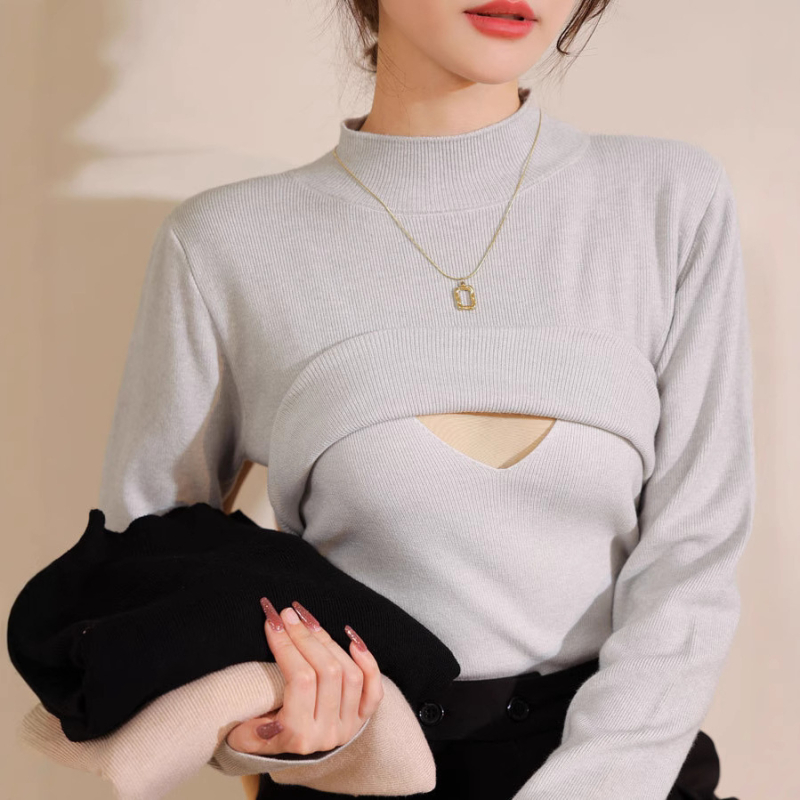 Majica za dojenje s stojećim ovratnikom, dugi rukavi, pleteni materijal, 90% pamuk, otvor za dojenje