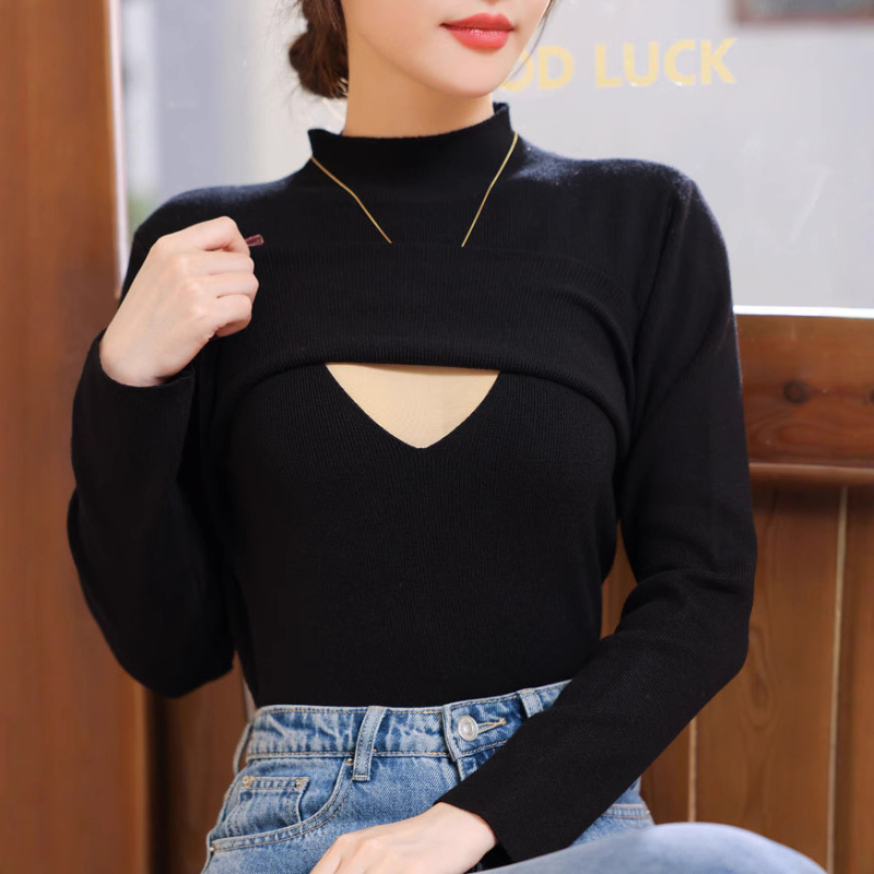 Majica za dojenje s stojećim ovratnikom, dugi rukavi, pleteni materijal, 90% pamuk, otvor za dojenje