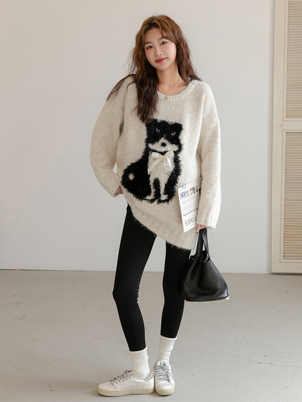 Pulover tricotat pentru femei însărcinate, acrilic 70–80%, mâneci lungi, guler rotund, lungime medie 65–80 cm