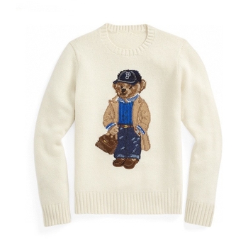 Vilnas un kašmīra džemperis ar lāču izšuvumu, apaļš kakls, garas piedurknes, šaurs piegriezums