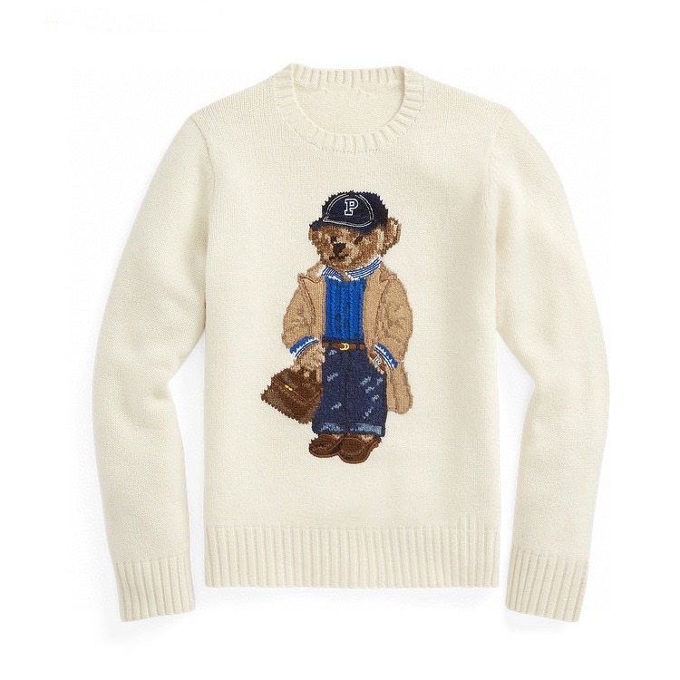 Vilnas un kašmīra džemperis ar lāču izšuvumu, apaļš kakls, garas piedurknes, šaurs piegriezums