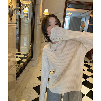 Jeseno-zimski top za dojenje, pleteni pulover, uski kroj, dugi rukavi, okrugli izrez, konoplja (>95%), duljina 50–65 cm