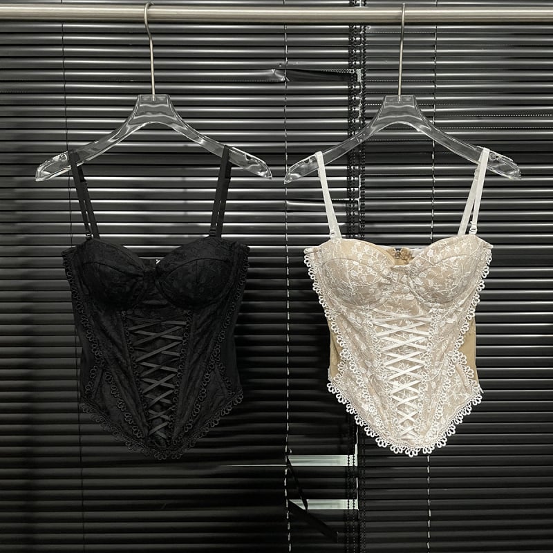 Ženski čipkasti pamučni crop top s trakama, uzorak riblje kosti, uski kroj, kratka duljina