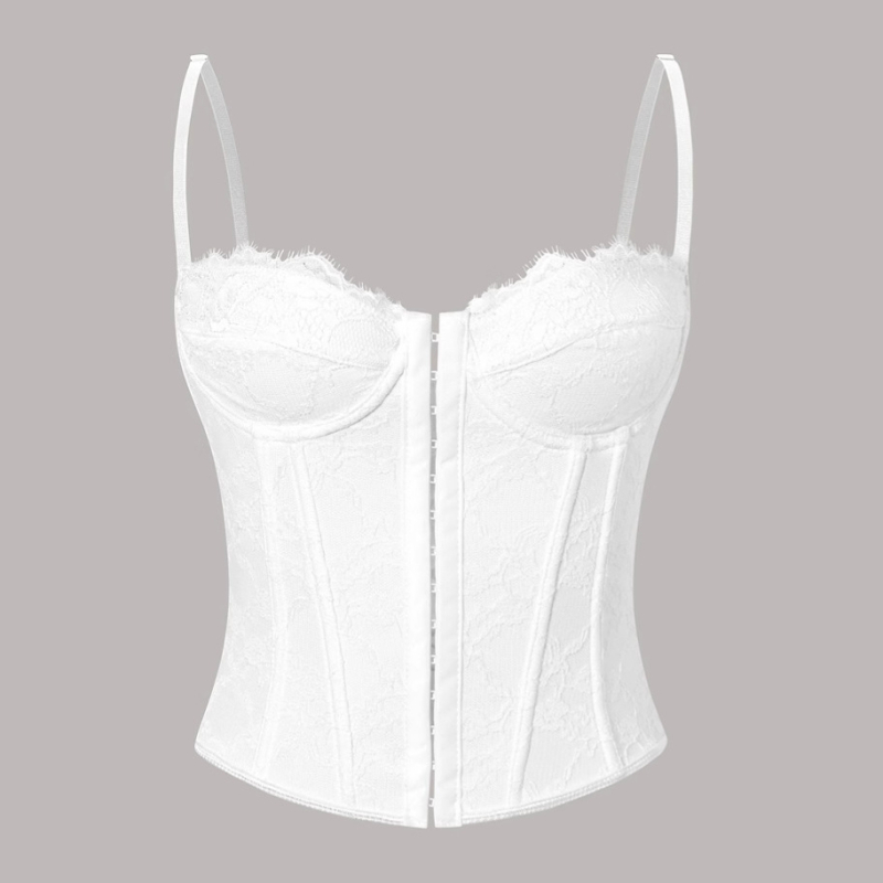 Čipkasti bustier s kostima, leđa otvorena, fiksirani naramenici, uski kroj — Milk Silk materijal, glavni materijal: poliester, mikroelastičan, slim fit