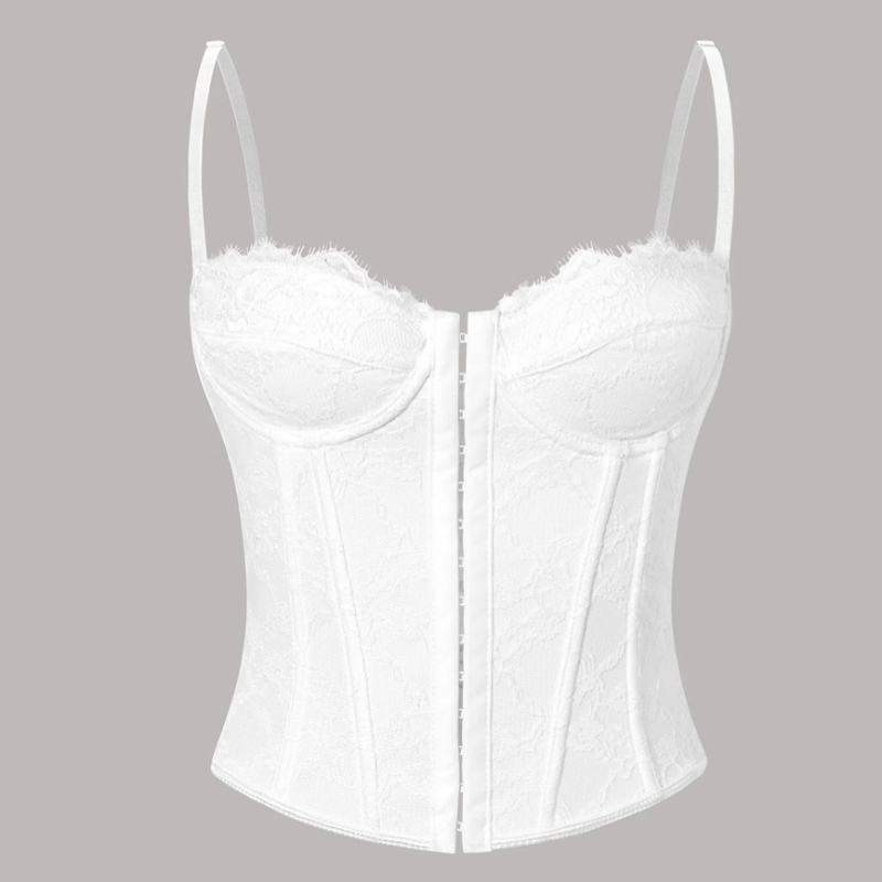 Čipkasti bustier s kostima, leđa otvorena, fiksirani naramenici, uski kroj — Milk Silk materijal, glavni materijal: poliester, mikroelastičan, slim fit