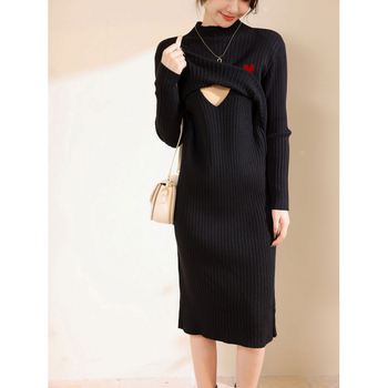 Майчина рокля от трикотаж с кърмене, висока яка, дълги ръкави, кръгла пола