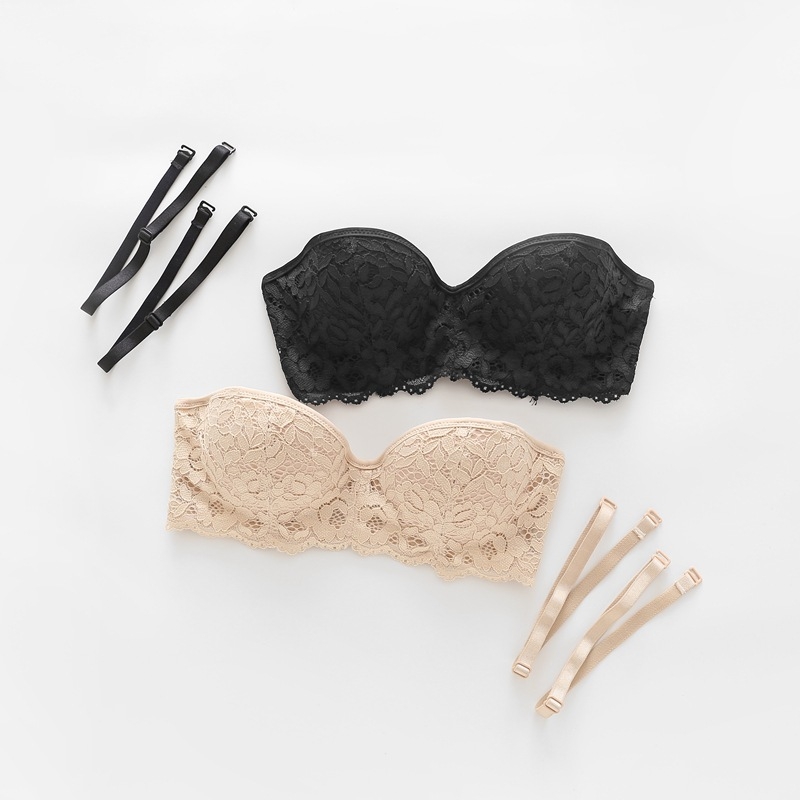 Čipkasti grudnjak bez naramenica s cupom 1/2, s odvojivim trakama, s učvršćenjem, Nylon/Spandex 90/10