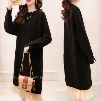 Trudnički jesenski outfit s rukavima 3/4, polo ovratnik, opuštena silueta, haljina-pulover od PVC smjese (≤30%), Tr fabric