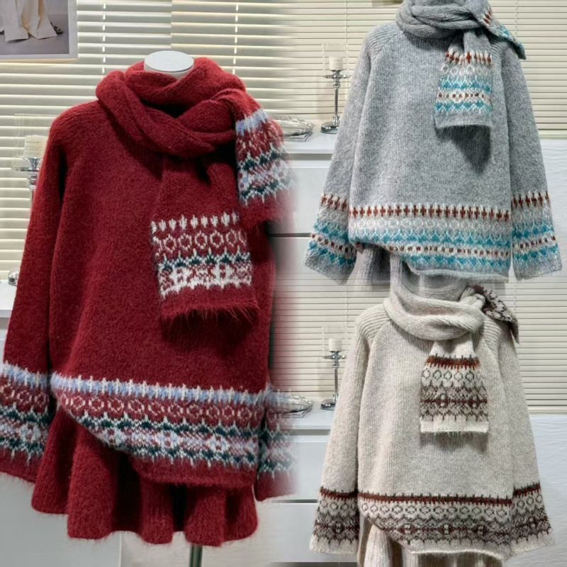Ženski set: crveni jakard pulover i šal u Fair Isle stilu, jesen-zima retro opuštenog izgleda, pulover s okruglim izrezom i šalom