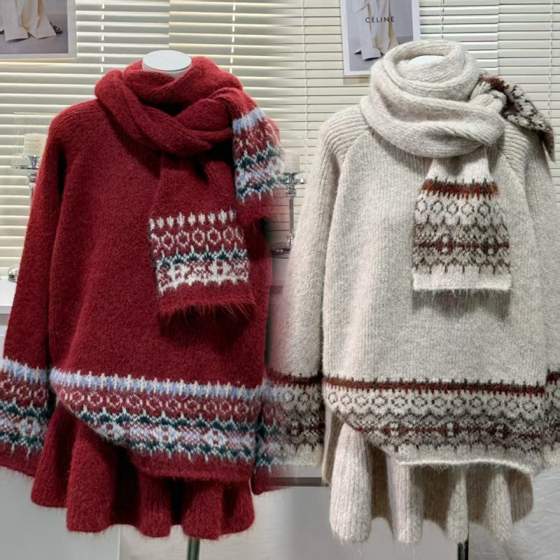 Ženski set: crveni jakard pulover i šal u Fair Isle stilu, jesen-zima retro opuštenog izgleda, pulover s okruglim izrezom i šalom