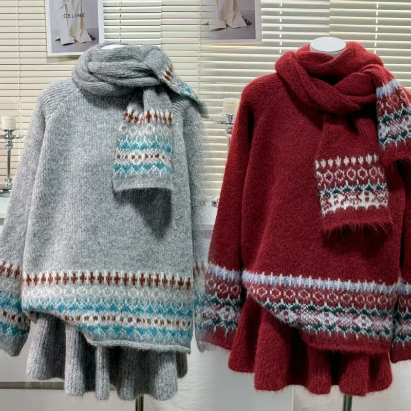 Ženski set: crveni jakard pulover i šal u Fair Isle stilu, jesen-zima retro opuštenog izgleda, pulover s okruglim izrezom i šalom