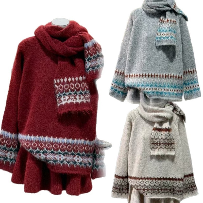 Ženski set: crveni jakard pulover i šal u Fair Isle stilu, jesen-zima retro opuštenog izgleda, pulover s okruglim izrezom i šalom