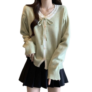 Cardigan-top s mašnicom – udoban kroj, dugi rukavi u stilu princeze, okrugli izrez, srednja duljina (50–65 cm), poliester 30–50%, zatvaranje gumbima, retro kineskog stila