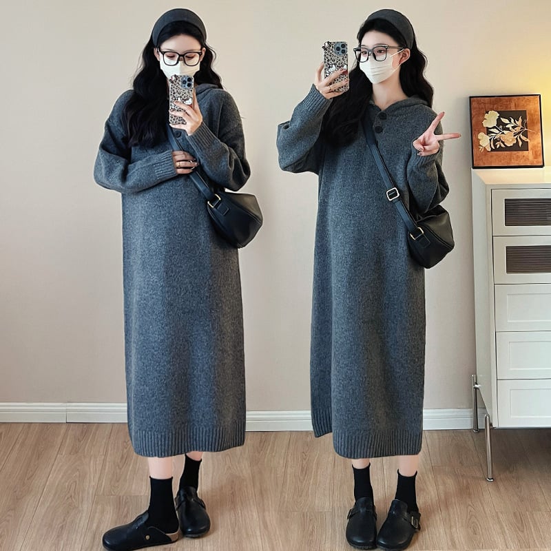 Trudnička džemper-haljina s kapuljačom, široka silueta, street-hipster stil, viskoza 80-90%, dugi rukavi, zima 2025