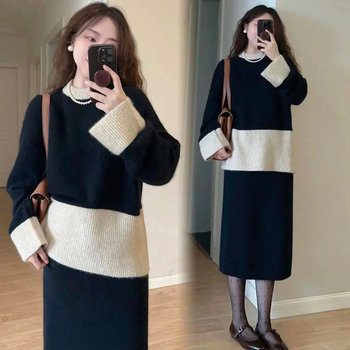 Trudnički komplet za jesen-zimu: patchwork kratki džemper + slip haljina s okruglim izrezom, poliester/triacetat