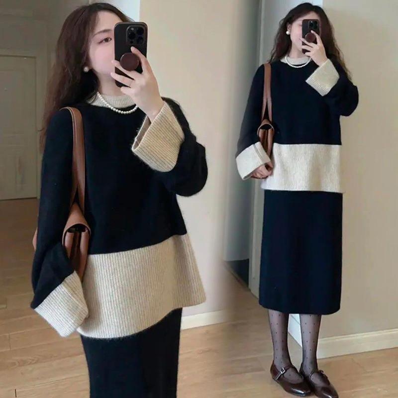 Trudnički komplet za jesen-zimu: patchwork kratki džemper + slip haljina s okruglim izrezom, poliester/triacetat