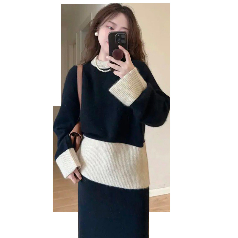 Trudnički komplet za jesen-zimu: patchwork kratki džemper + slip haljina s okruglim izrezom, poliester/triacetat