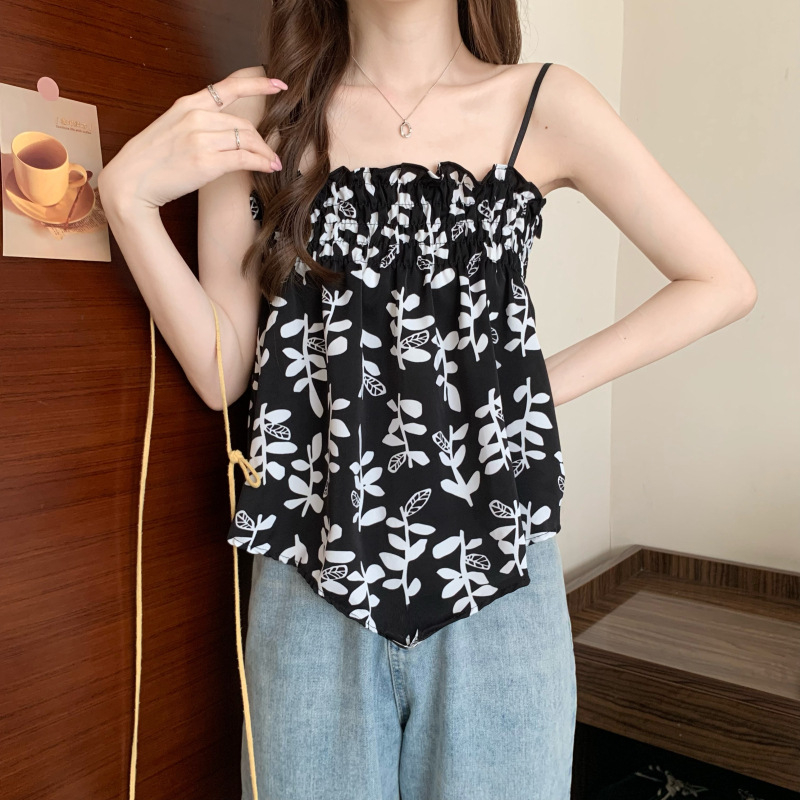 Ženski cami top s floralnim uzorkom, poliester, uski kroj, duljina 50–65 cm, ramenice sling stil, fiksne