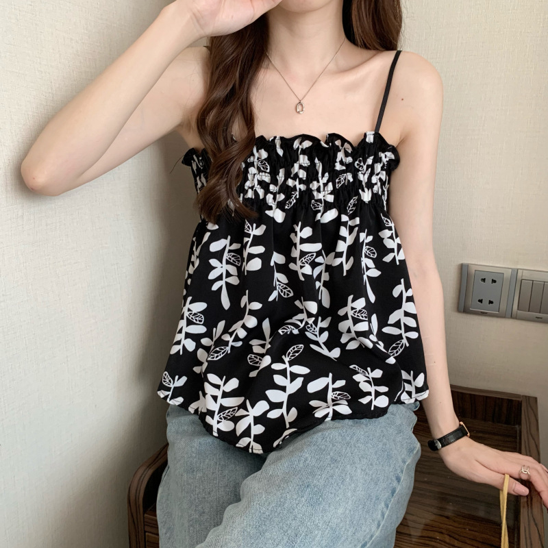 Ženski cami top s floralnim uzorkom, poliester, uski kroj, duljina 50–65 cm, ramenice sling stil, fiksne