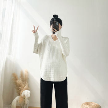 Trudnički pleteni top s V-izrezom, slobodan kroj, dugi rukavi, 90–95% poliester, korejski minimalistički stil