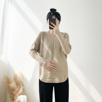 Trudnički pleteni top s V-izrezom, slobodan kroj, dugi rukavi, 90–95% poliester, korejski minimalistički stil