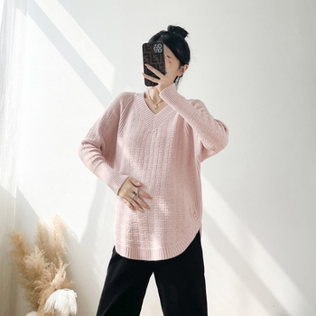 Trudnički pleteni top s V-izrezom, slobodan kroj, dugi rukavi, 90–95% poliester, korejski minimalistički stil