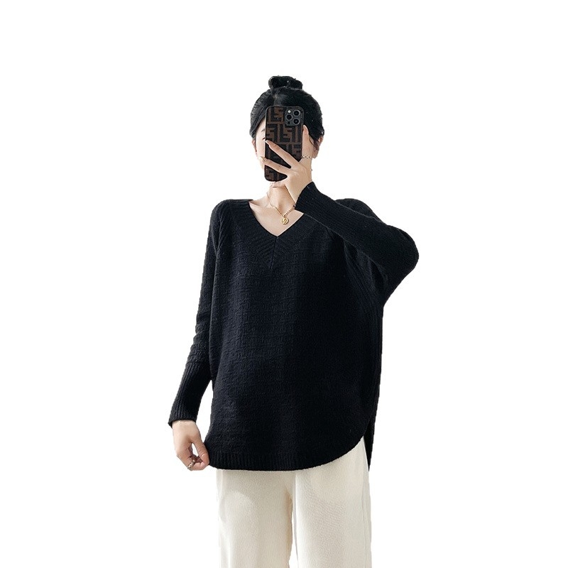 Trudnički pleteni top s V-izrezom, slobodan kroj, dugi rukavi, 90–95% poliester, korejski minimalistički stil