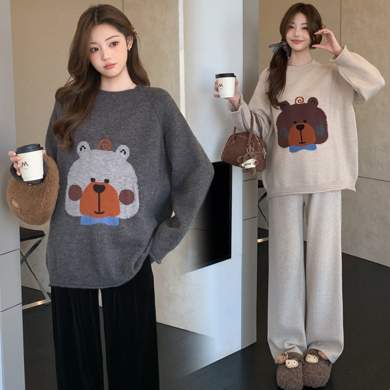 Trudnički pulover s labavim krojem, okruglim izrezom i dugim rukavima, jesen 2025 mješavina poliestera i akrila