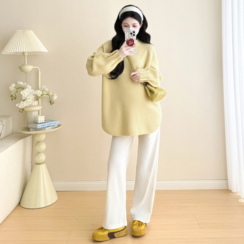 Trudnički pleteni top za jesen-zimu, opuštenog kroja, dugi rukavi, kapuljača, okrugli izrez