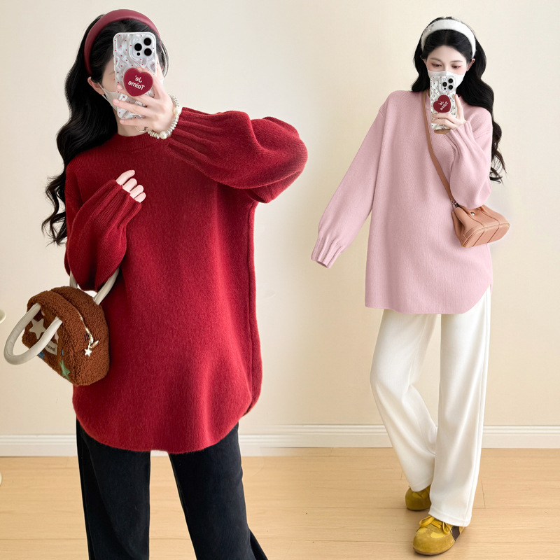 Trudnički pleteni top za jesen-zimu, opuštenog kroja, dugi rukavi, kapuljača, okrugli izrez