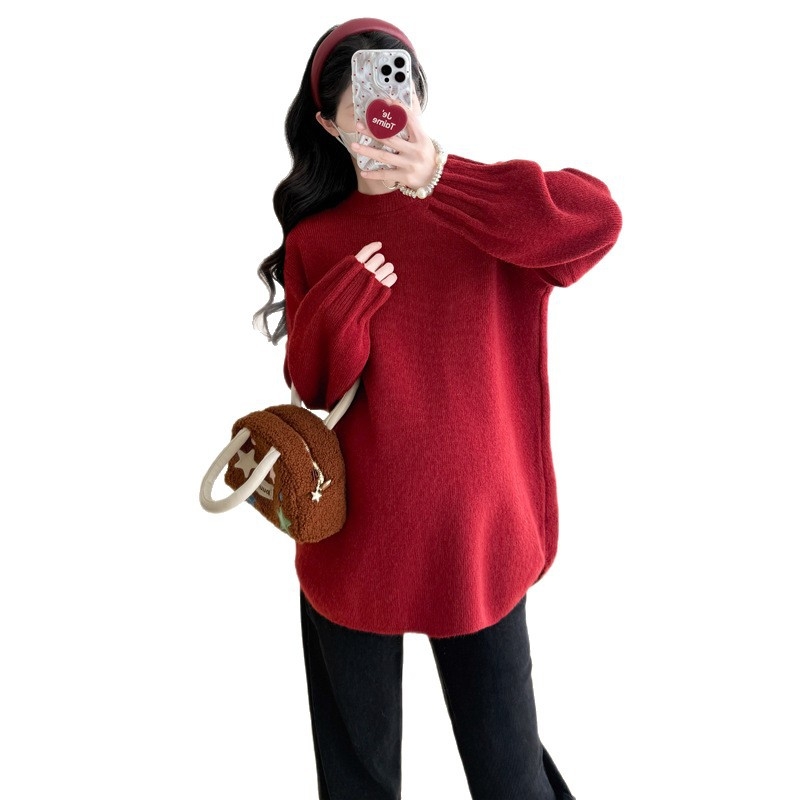 Trudnički pleteni top za jesen-zimu, opuštenog kroja, dugi rukavi, kapuljača, okrugli izrez