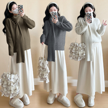 Maternitetski pleteni top, slobodan kroj, kapuljača, dugi rukavi, mješavina akrila i poliestera, jesen-zima 2025