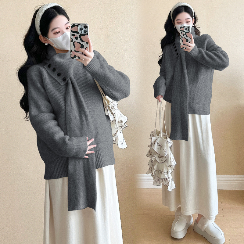 Maternitetski pleteni top, slobodan kroj, kapuljača, dugi rukavi, mješavina akrila i poliestera, jesen-zima 2025