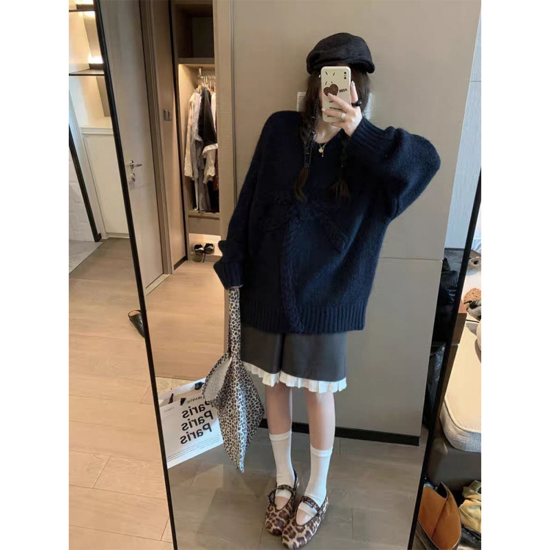 Trudnički pleteni top – korejski street style, flutter rukavi, dugi rukavi, okrugli izrez, pamuk-poliester materijal