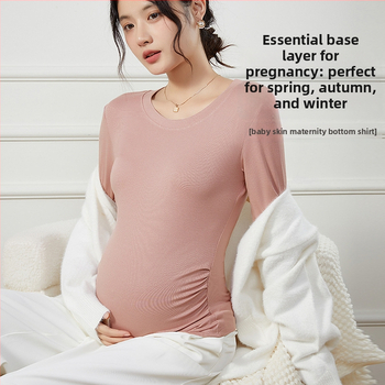 Nėštumo top su ilgomis rankovėmis iš modalinio pluošto su elastanu, apvalus kaklas, vidutinio ilgio