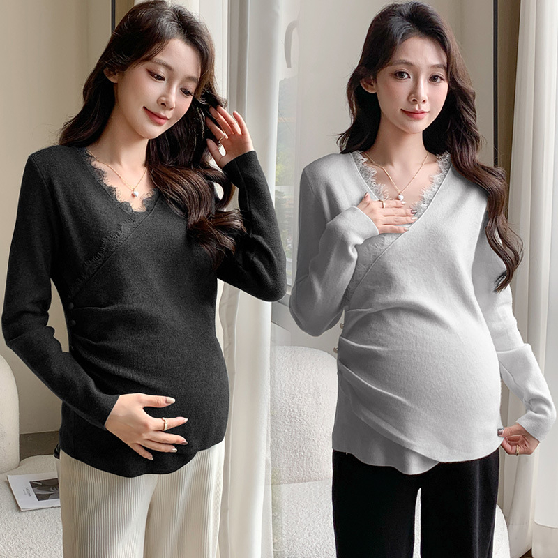 Trudnička pleteni top - uski kroj, V izrez, dugi rukavi, prilagođena za dojenje, mješavina pamuk-poliester