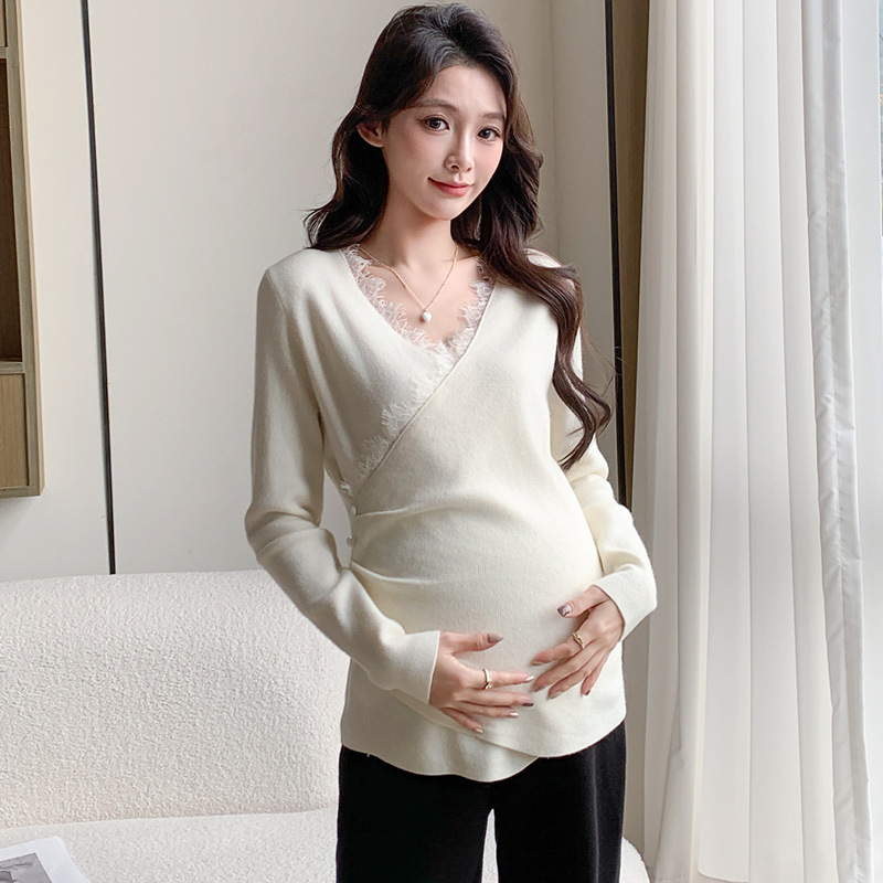 Trudnička pleteni top - uski kroj, V izrez, dugi rukavi, prilagođena za dojenje, mješavina pamuk-poliester