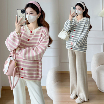 Trudnički prugasti pleteni kardigan, V-izrez, jednoslojno kopčanje, rukavi u obliku latice, slobodan kroj, dugačak