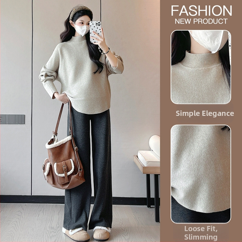 Trudnički pleteni top s kapuljom, slobodan kroj, bat rukavi, srednja duljina, jednobojna, viskozni vlakno 30–50%, jesen 2025