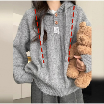 Pletena majica za dojenje s kapuljačom - slobodan kroj, vunena pletenina 50-70%, proljeće-jesen-zima, japansko-korejski ležerni stil